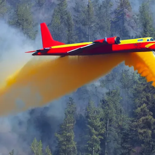 Prompt: a antonov airplane ( with yellow and red paint like a fire plane ) extinguishing a forest fire with absurd amounts of water, artistic photo