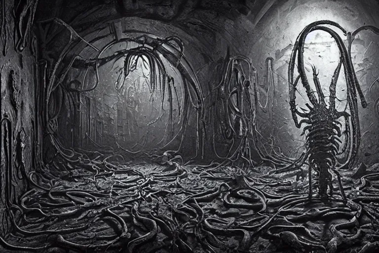 Image similar to the walls became living, writhing, screaming horrors that had many eyes and fanged mouths - oozing black ichor from the void. 8 k 3 d, digital illustration, filmic dslr h. r. giger, michael whelan, chris mars and dariusz zawadzki. unreal engine.