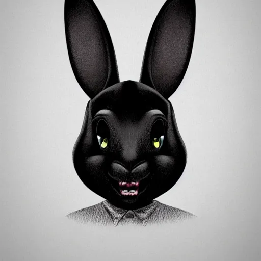 Image similar to A extremely highly detailed majestic hi-res beautiful, highly detailed head and shoulders portrait of a scary terrifying, horrifying, creepy black cartoon rabbit with scary big eyes, earing a shirt laughing, hey buddy, let's be friends, in the style of Walt Disney