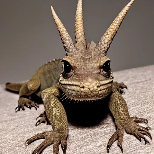 Prompt: photo of a lizard puppy with horns