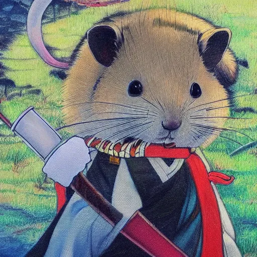 Prompt: japanese hamster samurai. with long sword. anime art. painting. sacura forest on background