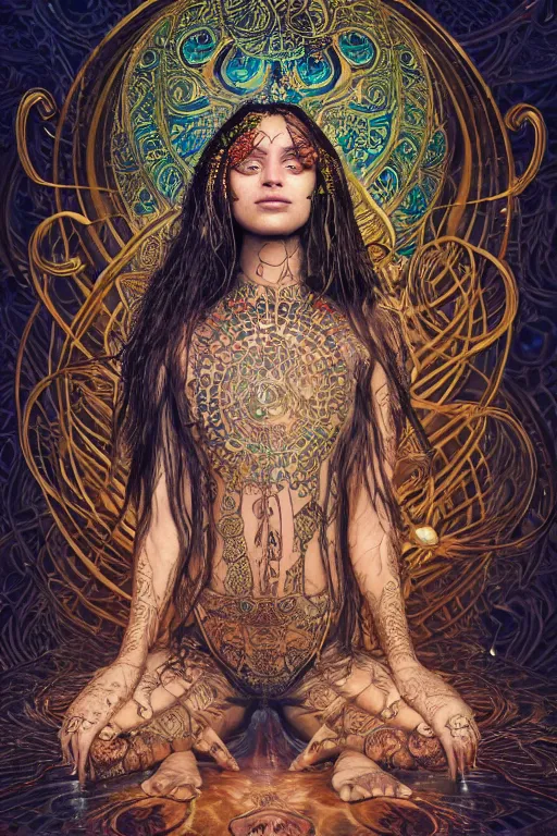 Prompt: a centered render of an mytical festival hippy with tribal tattoos wearing intricate metallic clothing surrounded by a underwater ink pour and flowing liquid gallium and sacred geometry, perfect body and face, gorgeous, cinematic, beautifully lit, by noriyoshi ohrai, by karol bak, by donato giancola, 3 d, trending on artstation, octane render, 8 k
