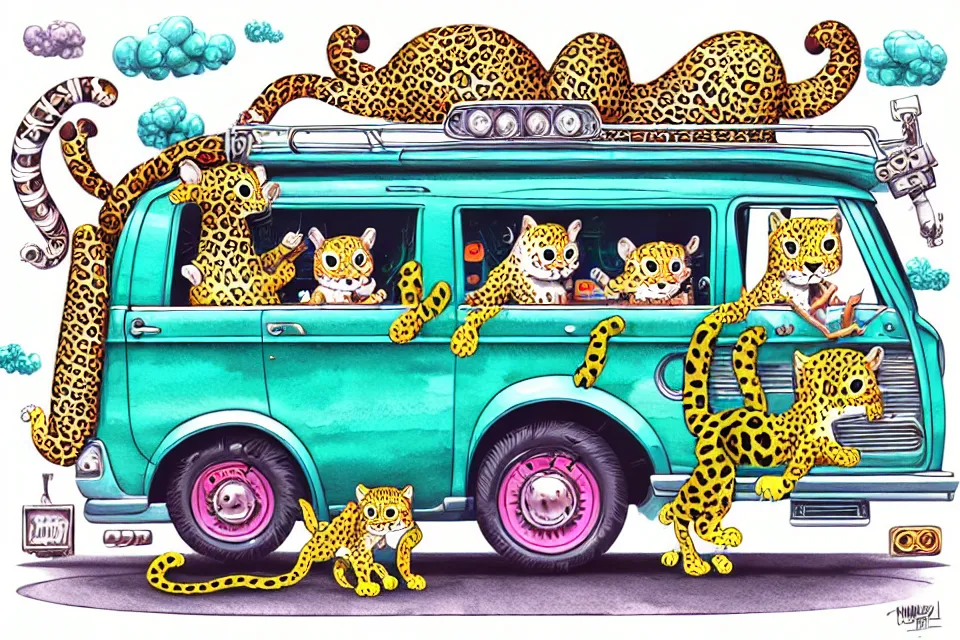 Image similar to cute and funny, baby leopard riding in a mystery machine van, ratfink style by ed roth, centered award winning watercolor pen illustration, isometric illustration by chihiro iwasaki, edited by range murata, tiny details by artgerm and watercolor girl, symmetrically isometrically centered, sharply focused