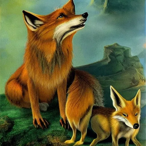 Prompt: A fantasy world photo of a smiling green fox with his youngster, 4k, made by Salvador Dali