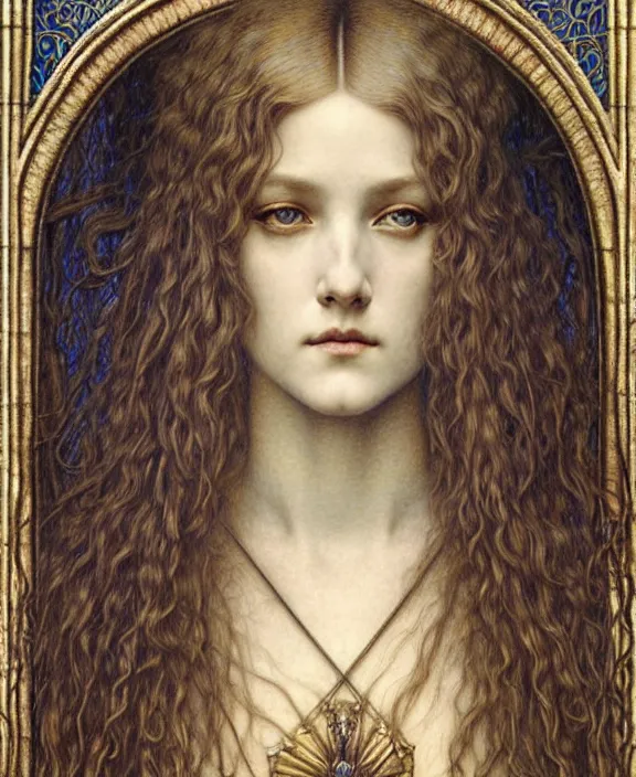 Image similar to detailed realistic beautiful young medieval queen face portrait by jean delville, gustave dore and marco mazzoni, art nouveau, symbolist, visionary, gothic, pre - raphaelite. horizontal symmetry