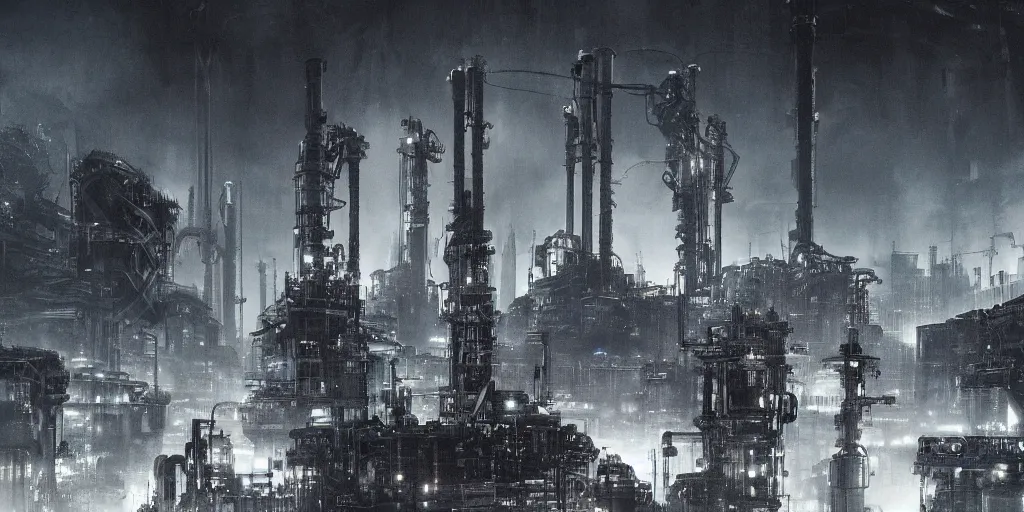Image similar to futuristic science-fiction landscape of the world of machines, huge mechanical towers buildings and bridges, ground full of factories and pipes, under a dark cloudy sky, in the style of Blade Runner