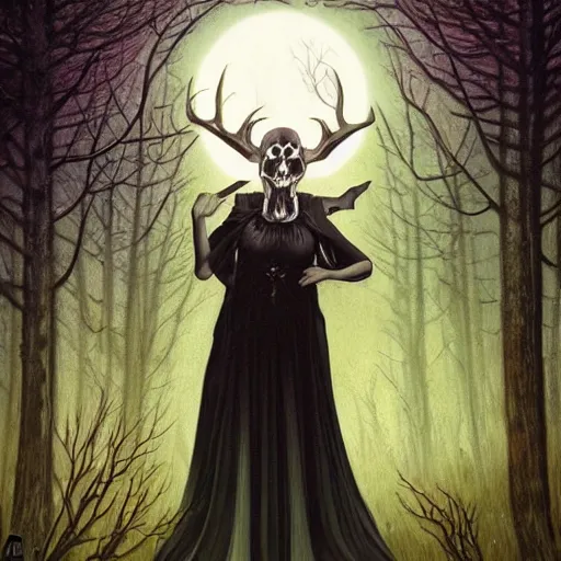 Image similar to an epic horrific wiccan gothic painting of a mother - nature witch cult woman wearing a deer skull, in a moonlit forest by gerald brom by junji ito by vanessa lemen by charlie bowater