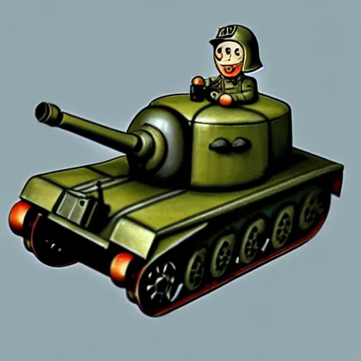 Prompt: an anthropomorphised panzer world war two tank with a face, by wilbert awdry in the art style of thomas the tank engine