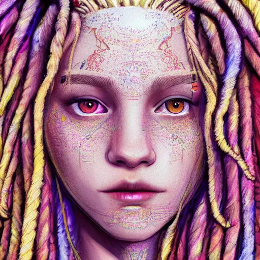 Image similar to the head of a beautiful blonde dreadlocked young woman, an ultrafine detailed illustration by james jean, final fantasy, intricate linework, bright colors, behance contest winner, vanitas, angular, altermodern, unreal engine 5 highly rendered, global illumination, radiant light, detailed and intricate environment
