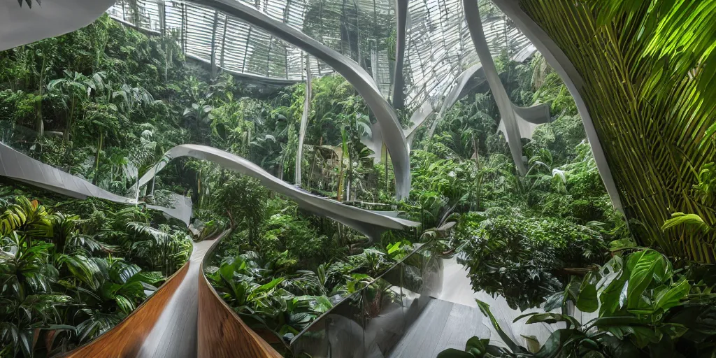 Image similar to lush tropical rainforest with waterfall, interior of bright atrium with lots of natural light, parametric biophilic architecture, atmospheric, zaha hadid and frank gehry inspired, octane 8 k,