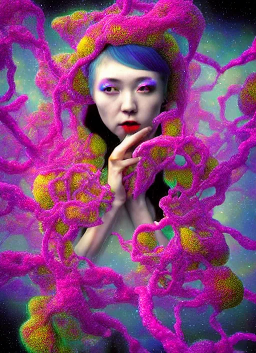 Image similar to hyper detailed 3d render like a Oil painting - kawaii Aurora (Singer) seen Eating of the Strangling network of yellowcake aerochrome and milky Fruit and Her delicate Hands hold of gossamer polyp blossoms bring iridescent fungal flowers whose spores black the foolish stars by Jacek Yerka, Mariusz Lewandowski, Houdini algorithmic generative render, Abstract brush strokes, Masterpiece, Edward Hopper and James Gilleard, Zdzislaw Beksinski, Mark Ryden, Wolfgang Lettl, hints of Yayoi Kasuma, octane render, 8k