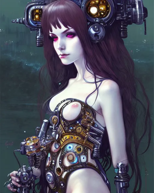 Image similar to portrait of cute beautiful young gothic maiden, cyberpunk, Warhammer, highly detailed, artstation, illustration, art by Gustav Klimt and Range Murata