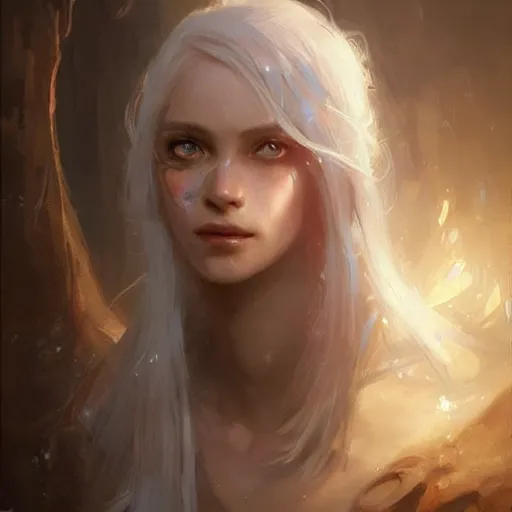 Image similar to a portrait of a beautiful lady with adorable eyes, light smiling, art of wlop and greg rutkowski, epic fantasy art, bright light masterpiece, ray of light through white hair