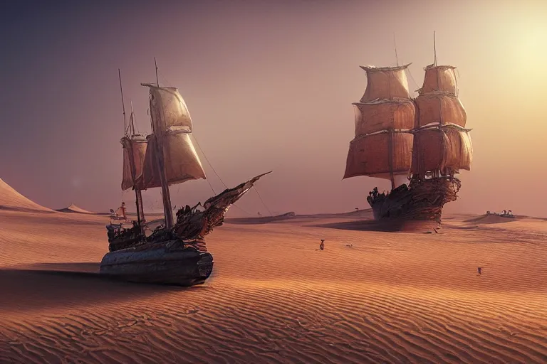 Image similar to a large ancient red pirate ship sailing the dunes in a vast arabian desert, by rutkowski, fantasy still movie, highly detailed, photorealistic, digital art, matte painting, hd illustration, trending on artstation