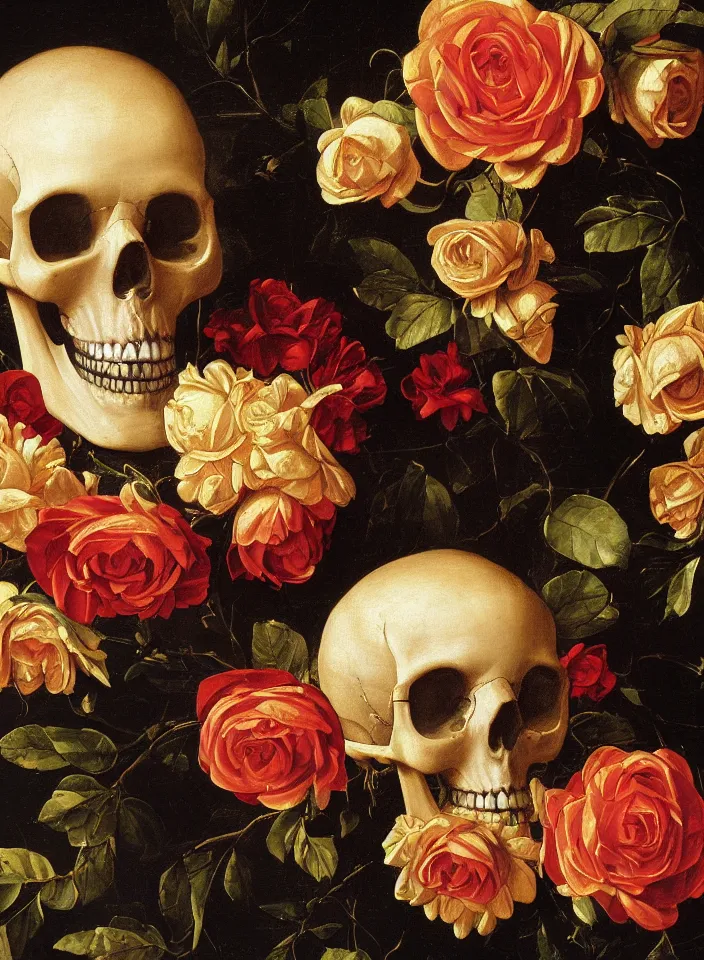 Prompt: portrait of a marble skull with a wreath of gold roses and a dress of gold rose petals, oil painting in a renaissance style , very detailed, painted by Caravaggio.