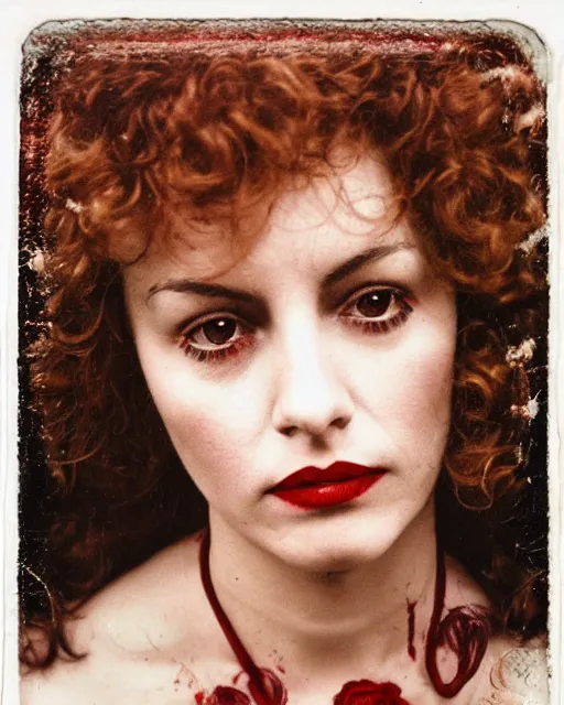 Image similar to an instant photo of a beautiful but sinister woman in layers of fear, with haunted eyes and curly hair, 1 9 7 0 s, seventies, delicate embellishments, a little blood, crimson, painterly, offset printing technique, mary jane ansell