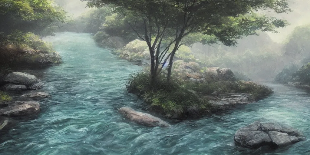 Prompt: a river, cinematic angle, studio Ghibli, cinematic lighting, detailed oil painting, hyperrealistic, 8k