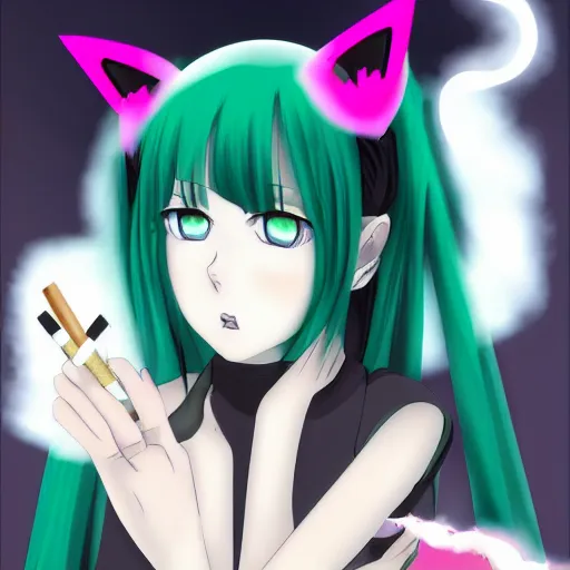 Prompt: green-eyed cat-eared goth anime girl smoking a cigarette deviantart 8k aramaki shinji hd hyperreality