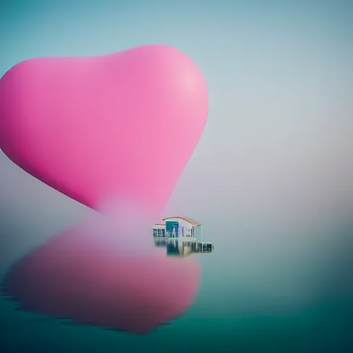 Image similar to a 5 0 mm lens photograph of a cute pink floating modern house, floating in the air between clouds, inspired by the movie up, held up from above by heartshaped ballons. mist, playful composition canon, nikon, award winning, photo of the year