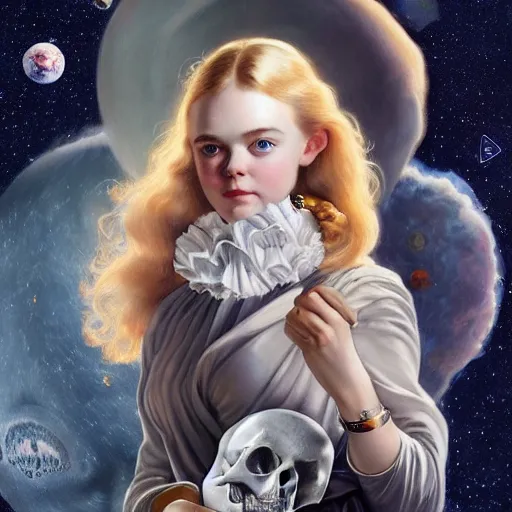 Prompt: Elle Fanning holding a skull in space, artstation, by J. C. Leyendecker and Peter Paul Rubens, Extremely detailed. 4K. Award winning.