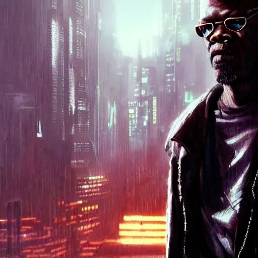 Image similar to samuel jackson, cyberpunk ex soldier with a scar in his face, sunset, neuromancer, cyberpunk city background, megacity, gorgeous view, depth, painted by seb mckinnon, high detail, digital art, painted by greg rutkowski, trending on artstation