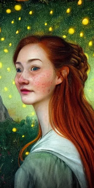 Image similar to infp young woman, smiling, amazed by golden fireflies lights, sitting in the midst of nature fully covered, long loose red hair, intricate linework, green eyes, small nose with freckles, oval shape face, realistic, expressive emotions, dramatic lights mystical scene, hyper realistic ultrafine art by artemisia gentileschi, albert bierstadt, artgerm