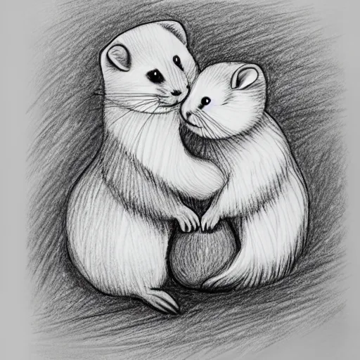 Prompt: A drawing of a ferret hugging a rabbit.