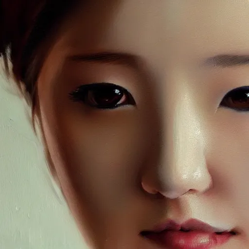 Image similar to perfect, realistic oil painting of close-up japanese girl face, in Marvel style, by an American professional senior artist, Hollywood concept, dynamic composition and motion, postproduction.