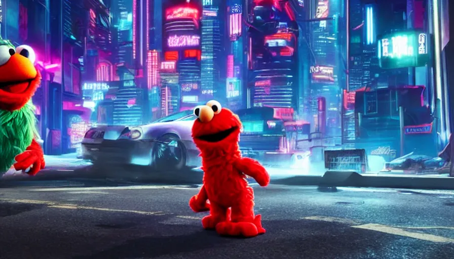 Image similar to elmo performs a drive - by shooting in cyberpunk night city