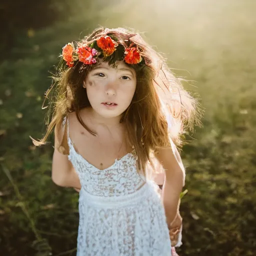 Image similar to a portrait of a young girl with wavey long hair, there is a bird on her head, there's flowers everywhere, very beautiful ambient light with sun rays hitting her hair, 8k photography, wedding photography