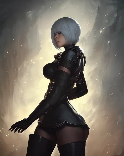 Image similar to full shot league of legends portrait of 2 b nier automata wearing a nazi uniform, au naturel, hyper detailed, digital art, trending in artstation, cinematic lighting, studio quality, smooth render, unreal engine 5 rendered, octane rendered, art style by klimt and nixeu and ian sprigger and wlop and krenz cushart.