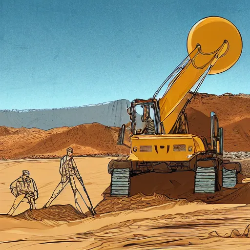 Prompt: in the distance, in the center of a large sandy quarry, a large golden ball lies in the sand, a broken excavator and a man in military uniform standing nearby, stylization of a book illustration, high quality, depth of sharpness, emphasis and focus on the golden ball