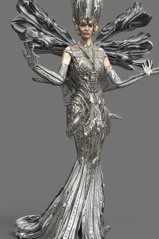 Prompt: a highly detailed 4 k render portrait of an alien goddess natalia vodianova in iris van herpen dress schiaparelli armor in diamonds and lots of jewelry in style of alphonse mucha trending on artstation made in unreal engine 4