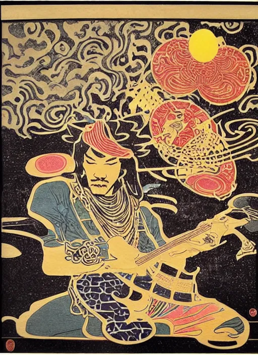 Prompt: jimi hendrix sillhouete, japanese woodblock style, taoist cosmology,