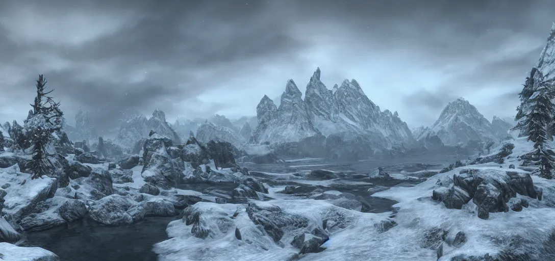 Image similar to skyrim throat of the world mountain as seen from whiterun, skyrim, elder scrolls, winter weather, landscape photography, professional photography, 8k realism, hyper realism, wide shot