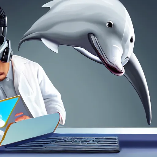 Image similar to An anthropomorphic grey dolphin wearing a white lab-coat and playing games on a computer, digital painting, close-up, wearing a headset