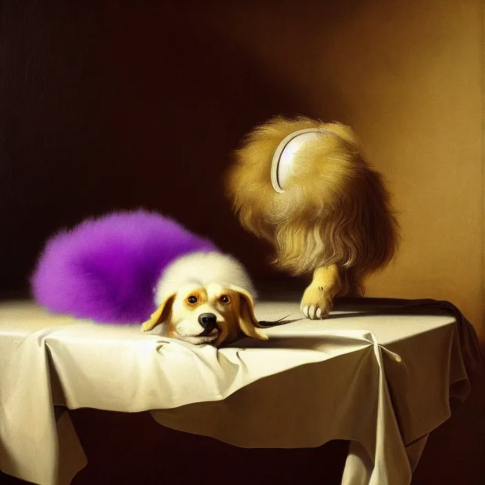 Image similar to still life painting of a beautiful cute purple hairy monster by pieter claesz, oil on canvas, strong lighting, highly detailed, hyper realism, golden hour, god rays, hd, 4 k