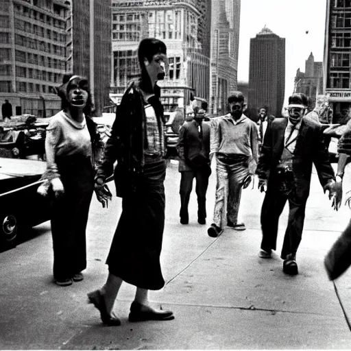 Image similar to street photography from 1961 Chicago, zombies walking politely down the sidewalk, in the style of Vivian Maier