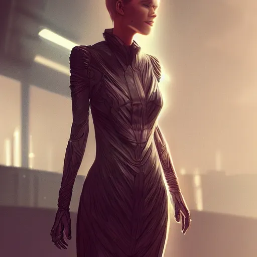 Image similar to a gorgeous woman wearing a dystopian futuristic dress, trending on Artstation, Cgsociety, detailed, dramatic lighting, cinematic