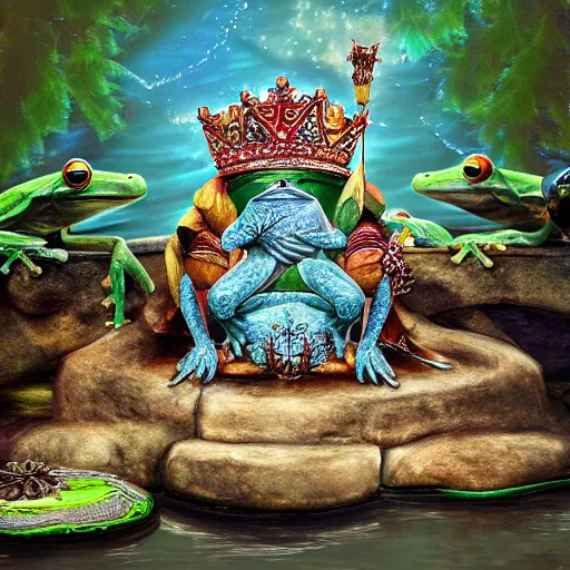 Prompt: a photorealistic frog king sitting on a throne, surrounded by frog servants next on the side of the pond, digital art