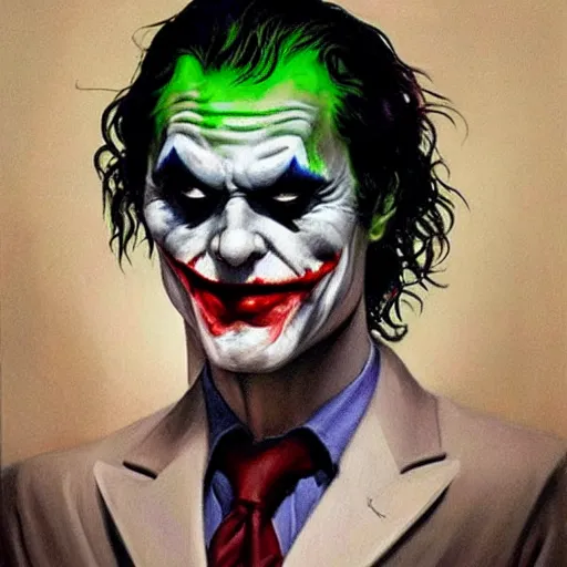 Image similar to an ultra - realistic portrait painting of the joker in the style of frank frazetta. 4 k. ultra - realistic. highly detailed. dark fantasy. epic lighting.