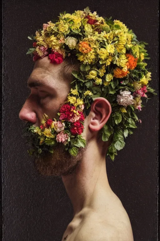 Image similar to a man's face in profile, clean shaven, made of flowers and fruit, in the style of the Dutch masters and Gregory crewdson, dark and moody