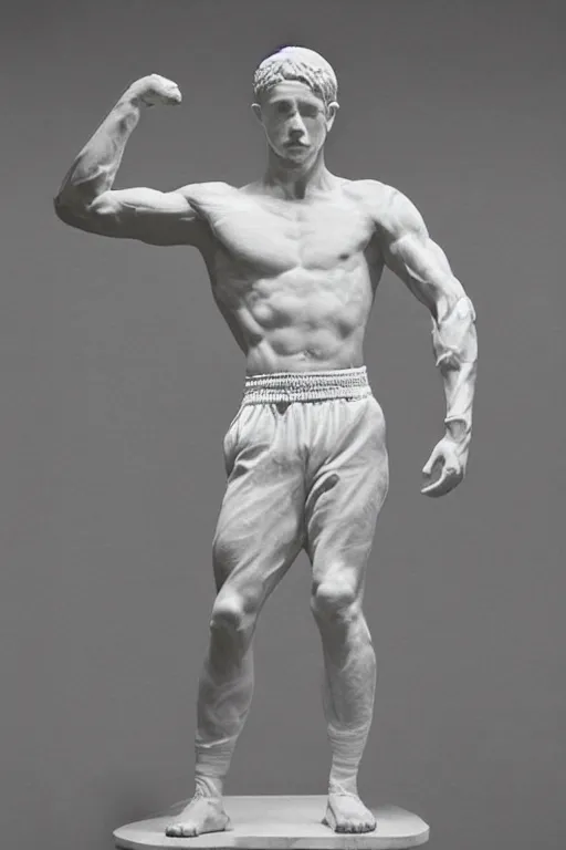 Image similar to marble sculpture of man in Adidas tracksuit, sportswear, intricate sculpture, chiseled muscles, godlike, museum photo