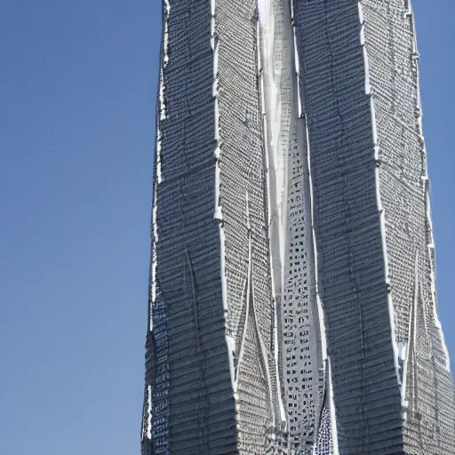 Image similar to detailed intricate futuristic, tallest tower building in the world, cathedral details, composition