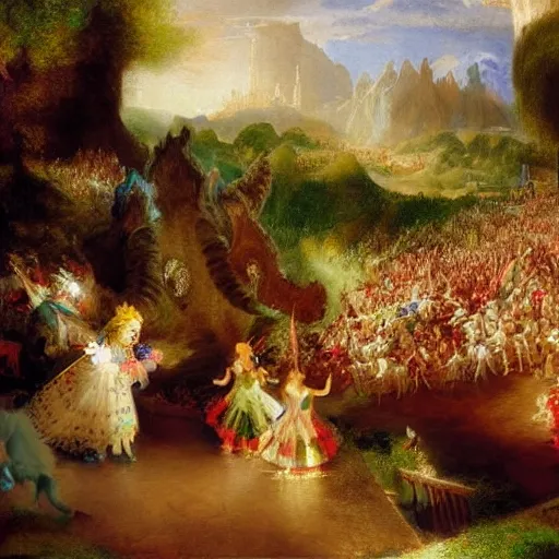 Image similar to The conceptual art features a pantomime unicorn onstage, surrounded by a group of children who are clapping and cheering. The unicorn is wearing a sparkly costume and has a long, flowing mane. Its horn is glittering and its eyes are wide open, as if it is enjoying the performance. by Thomas Moran flowing