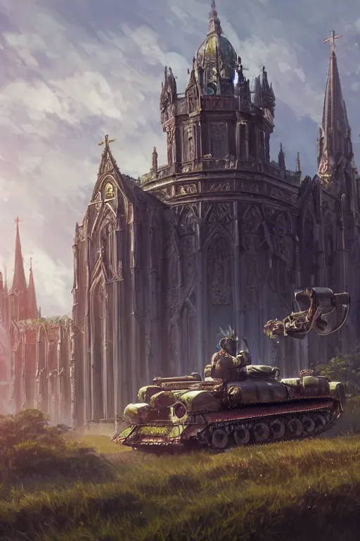 Prompt: a mobile driving ornate cathedral church as tower mounted on a tank with chain drive, warhammer 4 0, scene in an open field. key visual, conceptart, ambient lighting, highly detailed, digital painting, artstation, concept art, sharp focus, by makoto shinkai and akihiko yoshida and kris kuksi