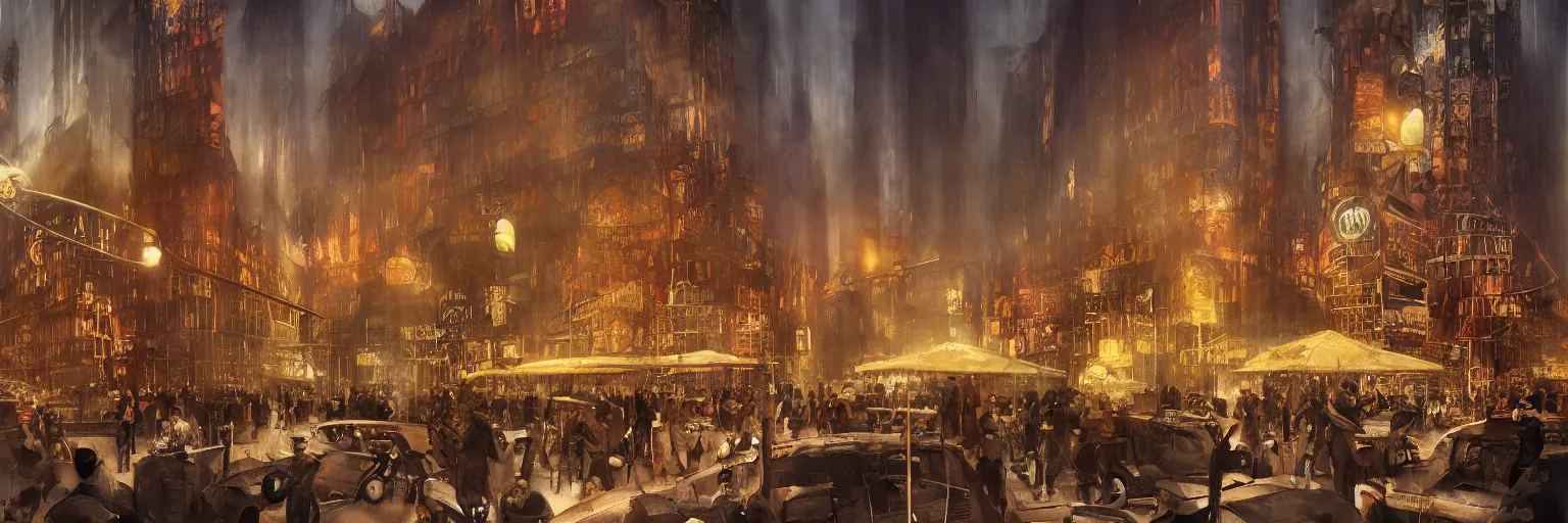 Prompt: Babylon Berlin. Night. Crowded Art deco restaurant. Berlin, late golden 1920s. Gropius. Metropolis. Mist. Highly detailed. Hyper-realistic. Cheerful. Merry mood. Warm colors. Dynamic composition. Matte painting in the style of Eddie Mendoza, Craig Mullins