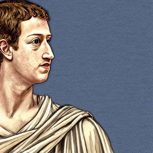 Prompt: mark zuckerberg as a roman noble. dressed in a toga. serious facial expression. on ancient roman fresco, detailed, well - preserved