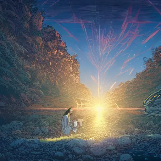 Image similar to the first coming of jesus by dan mumford, yusuke murata, makoto shinkai, ross tran, cosmic, heavenly, god rays, intricate detail, cinematic, 8 k, cel shaded, unreal engine, featured on artstation, pixiv