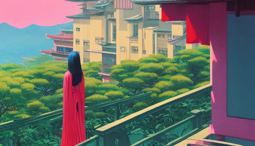 Prompt: a vibrant dream of a beautiful girl wearing gucci from behind on a balcony looking out over luxurious kyoto japan, lush plants, glowing paper lanterns, high fashion, magic details, by moebius, edward hopper and james gilleard, zdzislaw beksinski, james jean, steven outram hd, 8 k, trending on artstation, uhd,